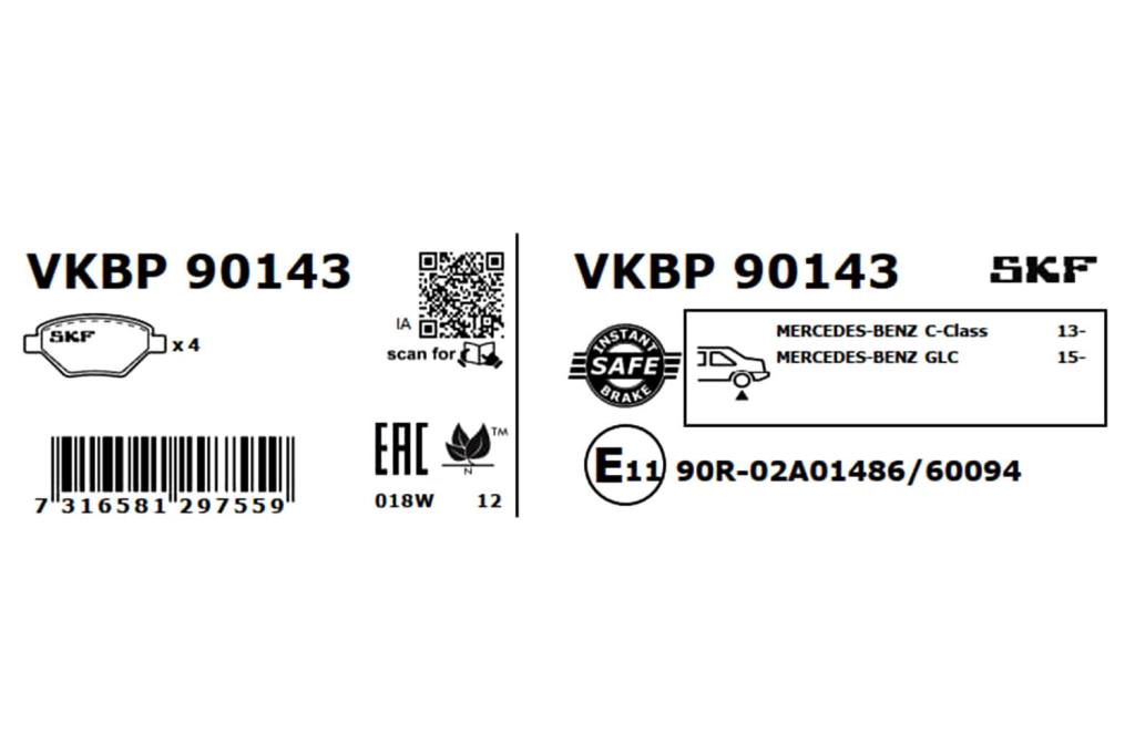 Jeu de 4 plaquettes de frein SKF ref. VKBP 90143